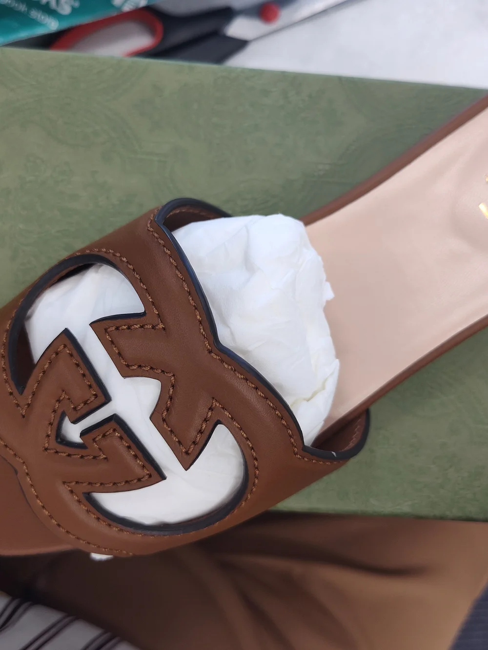 Gucci Brown Leather GG Cutout Slide Sandals - Picture 2 of 4